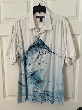 Reel Legends Cream Short-Sleeve Button-Front Shirt with Blue Marlin Print